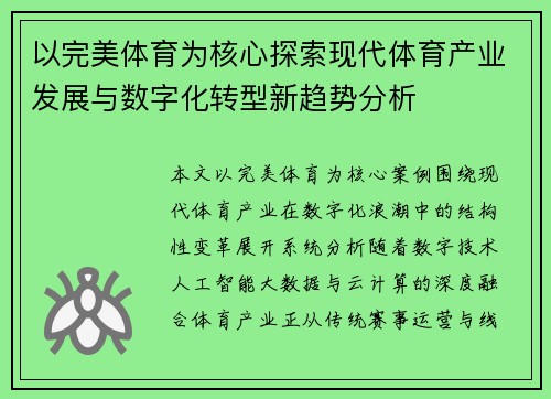以完美体育为核心探索现代体育产业发展与数字化转型新趋势分析 以完美体育为核心探索现代体育产业发展与数字化转型新趋势分析